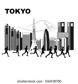 Illustration of runners with Tokyo cityscape on the background in black color
