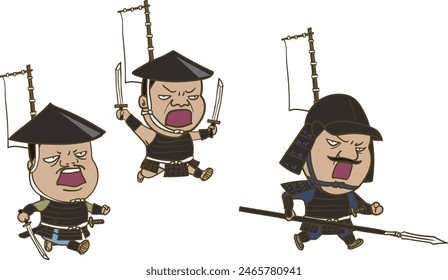 Ilustración de soldados de a pie ashigaru corriendo del periodo Sengoku de Japón. Tres guerreros con miradas afiladas, armados con lanzas y espadas, están cargando hacia las líneas enemigas.