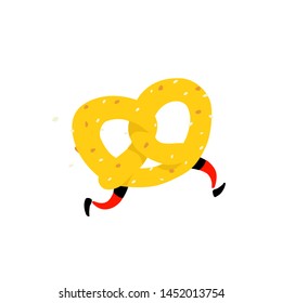 Illustration of a running bagel. Running pretzels. Vector. Crunchy character with legs. Icon for the site. Sign, logo for the store. Delivery of fresh bakery products.
