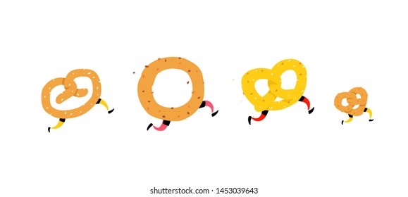 Illustration of running bagels. Running pretzel with friends. Vector. Crunchy characters with legs. Icons for sites. Sign, logo for the store. Delivery of fresh bakery products.