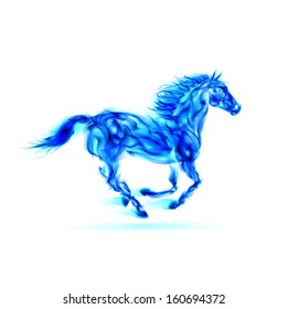 Illustration of running blue fire horse on white background.