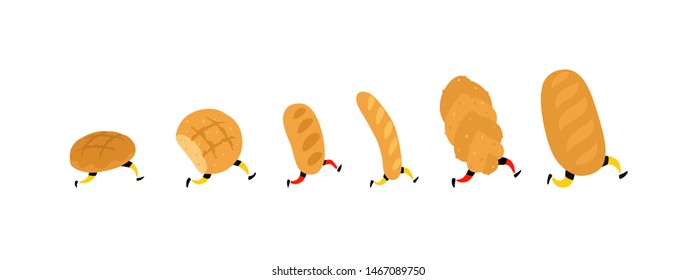 Illustration of running bread. Vector. Rolls, loaf and baguette. Icons for the site on a white background. Signs, logo for the store. Delivery of fresh bakery products. Characters for the bakery.