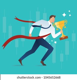 illustration of running businessman holding trophy concept for success 