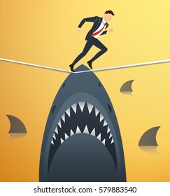 illustration of a running businessman on rope with sharks underneath business risk chance