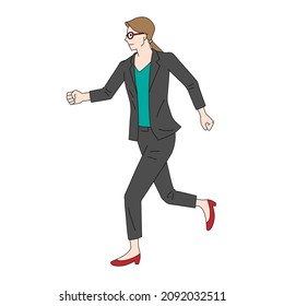 Illustration of a running businesswoman with glasses(white background, vector, cut out)