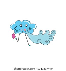 Illustration of a running cartoon cloud with a check mark. the wind blows from my mouth.