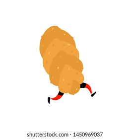 Illustration of a running character. Bread grain bread. Vector. Running crispy long loaf with legs. Icon for the site. Sign, logo for the store. Delivery of fresh bakery products.