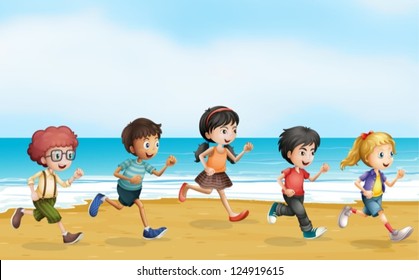 Illustration of running children near the sea