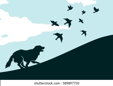 Illustration of running dog with birds