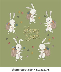 Illustration of running Easter Bunnies with a baskets full of eggs 