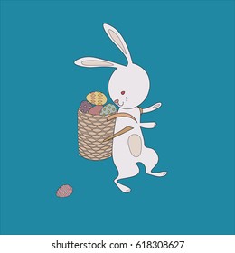 Illustration of running Easter Bunny with a basket full of colorful painted eggs 