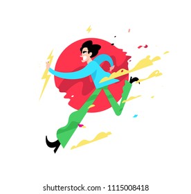 Illustration of a running evil guy.  A cute young man is running with heavenly lightning. The character of a male villain. Image is isolated on white background. Comic style.