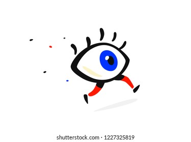 Illustration of a running eye. Vector. Cartoon flat style. Character for company and logo. Brand Eye Clinic. The whole thing icon. All-seeing eye.
