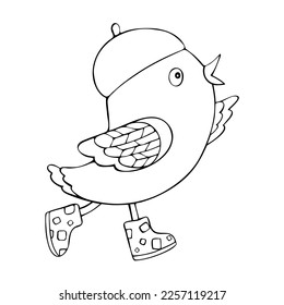 Illustration of running little bird in hat and boots looking up with open beak. Bird wing shows on something in front of. For kids coloring book.