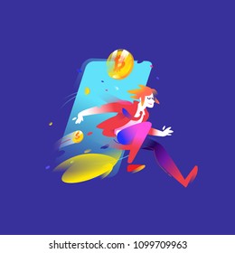 Illustration of a running man with coins bitcoin. Vector illustration. A bright and harezmatic character. Image is isolated on white background. Flat illustration for banner, presentation and site.
