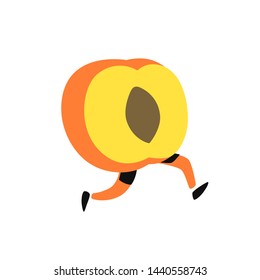 Illustration of a running peach. Vector. Icon of delicious apricot fruit. Flat cartoon style. Delivery service logo. Emblem for eco products shop.