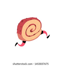 Illustration of a running roll. Vector. Sweet character with legs. Icon for site on white background. Sign, logo for the store. Delivery of fresh bakery and confectionery. Flat style.