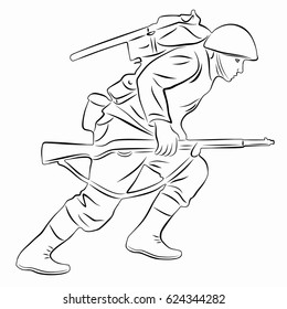 Illustration Of A Running Soldier, Black And White Drawing, White Background