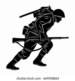 Illustration Of A Running Soldier, Black And White Drawing, White Background