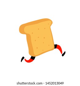 Illustration of a running toaster. Running a piece of bread. Vector. Crunchy character with legs. Icon for the site. Sign, logo for the store. Delivery of fresh bakery products.