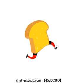 Illustration of a running toaster. Running a piece of bread. Vector. Crunchy character with legs. Icon for the site. Sign, logo for the store. Delivery of fresh bakery products.