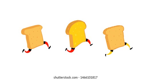 Illustration of running toasters. Running pieces of bread without butter and jam. Vector. Fry characters with legs. Icons for the site. Signs, logo for the store. Delivery of fresh bakery products.