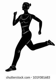 illustration of a running woman, black and white drawing, white background