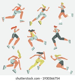 Illustration with running woman. Person doing sport. Cartoon character