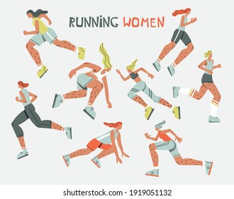 Illustration with running women. Persons doing sport. Cartoon characters