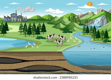 Illustration of a rural area with farm land, water resources, and a polluted factory nearby