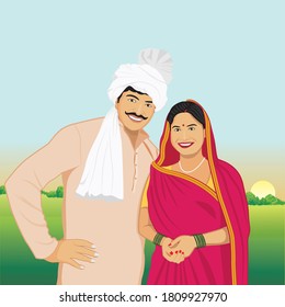 Illustration of Rural Indian couple in agricultural field