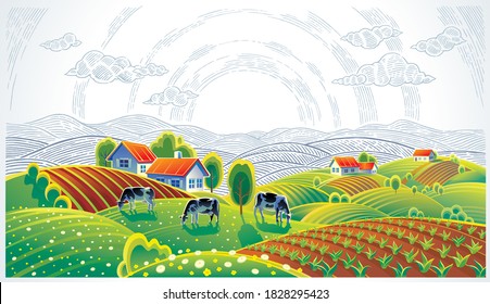 Illustration of a rural landscape with a herd of cows and a village in the foreground and a graphic landscape in the background