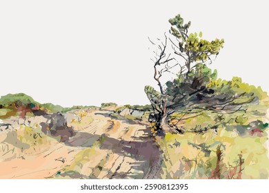 Illustration of a rural landscape with a lone tree. The tree stands on a dirt path, surrounded by greenery. The rural scene is peaceful and natural. Vintage art painting vector.