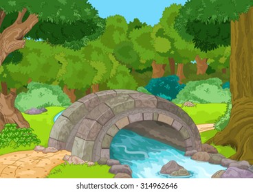 Illustration of rural landscape with stone bridge