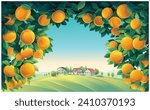 Illustration of a rural scenery, with orange tree branches in the foreground, and a villages in the background. Vector illustration.