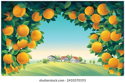 Illustration of a rural scenery, with orange tree branches in the foreground, and a villages in the background. Vector illustration.