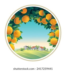 Illustration of a rural scenery, with orange tree branches in the foreground, and a villages in the background placed in a round frame. Vector illustration.