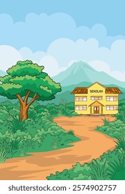 An illustration of a rural school building surrounded by lush greenery, a large tree, and a scenic mountain in the background. The serene setting conveys education and natural tranquility.