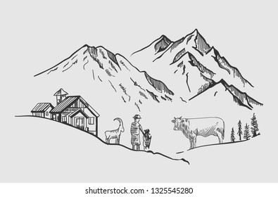 illustration of a rural setting against a mountain, with their livestock