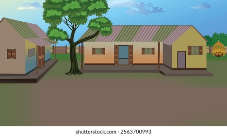 Illustration of a rural village scene with houses, a tree, and a peaceful courtyard under a blue sky - countryside landscape art