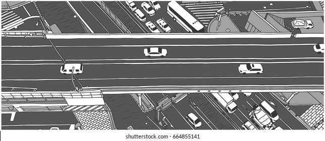 Illustration of rush hour traffic from high angle view in grey scale