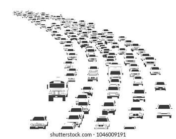 Illustration of rush hour traffic jam on freeway in black and white