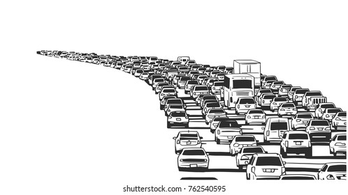 Illustration of rush hour traffic jam on freeway in black and white