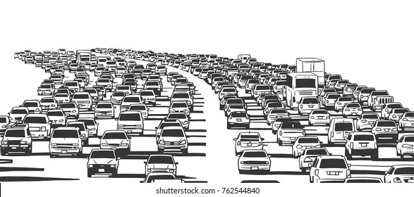 Illustration of rush hour traffic jam on freeway in black and white