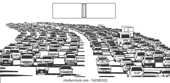Illustration of rush hour traffic jam on freeway with blank signs in black and white