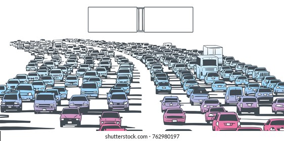 Illustration of rush hour traffic on blocked highway in color with blank sign posts