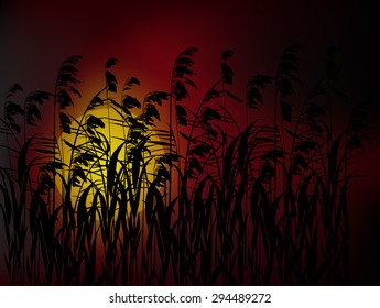 ilustración con siluetas exuberantes en la puesta de sol de color rojo oscuro