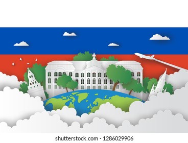 Illustration of Russia and famous landmark, Paper art stlye