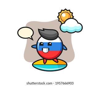 Illustration of russia flag badge cartoon do surfing on the beach, cute style design for t shirt, sticker, logo element