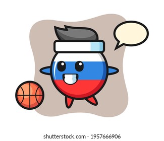 Illustration of russia flag badge cartoon is playing basketball, cute style design for t shirt, sticker, logo element